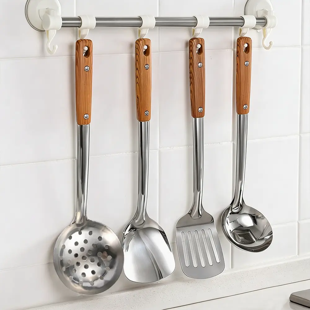4pcs Durable Stainless Steel Kitchen Utensil Set - Heavy Duty, Heat Resistant Stay-Cool Handle, Nonstick Turner, Stirring Spoon, Slotted Spoon, Soup Ladle, Dishwasher Safe for Daily Cooking Tasks, Festive Party Bag Gift, Spatula, Daily Home Cooking
