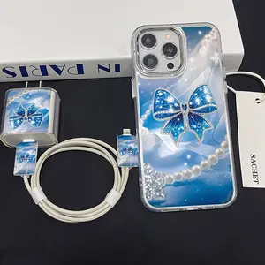 5 Piece Set Transparent Blue Bowknot Phone Case, Charger Head Cover, Cable Protector, Storage Rope, Anti-Drop Tpu Shell for iPhone