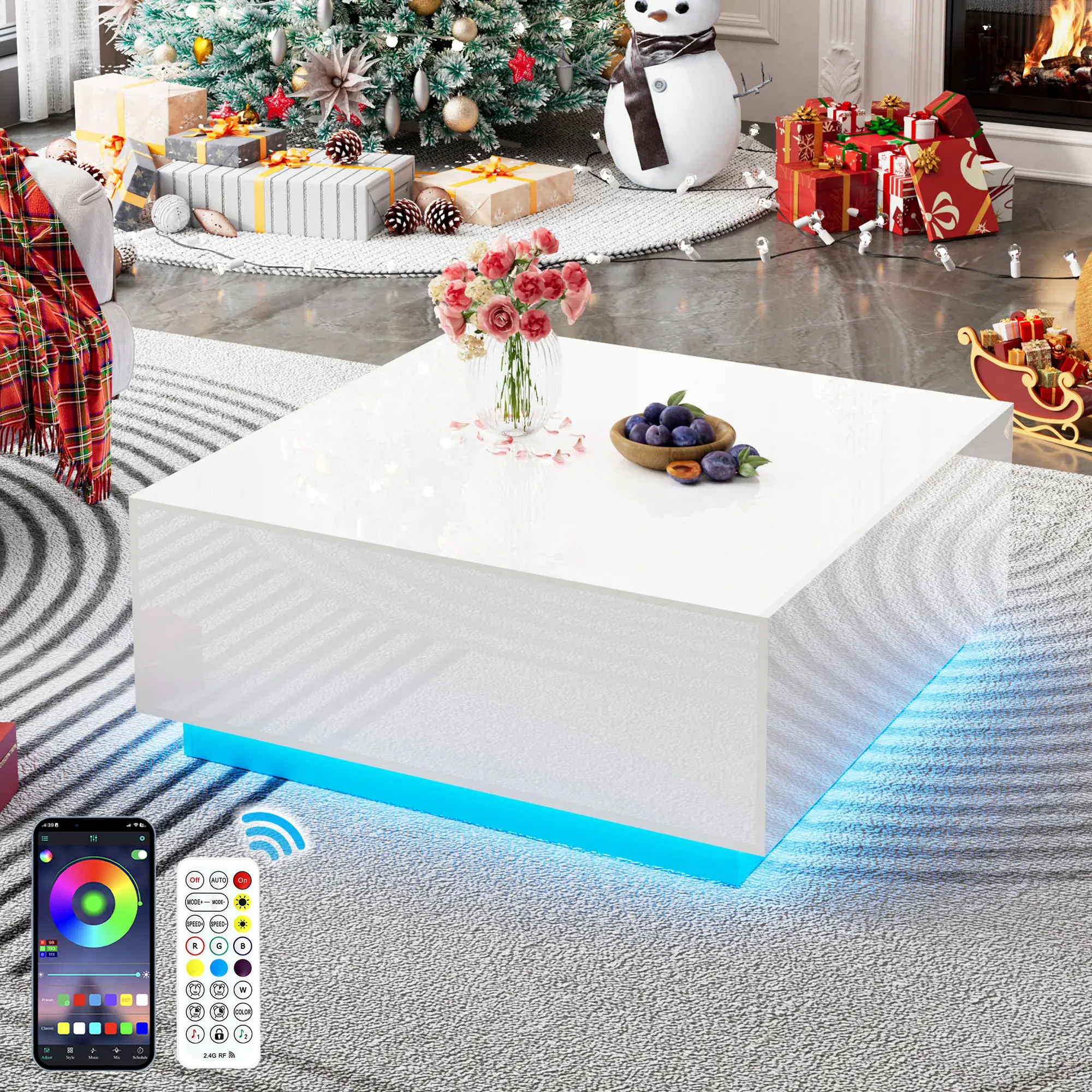43-Inch High Gloss Square LED Coffee Table - Smart APP & Remote Control, Music Sync, 2 Large Storage Drawers, Easy Assembly Modern Living Room Indoor Center Table Furniture