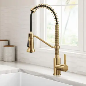 212 MAIN Kraus Britt ADA Compliant, Open Coil, Reach Commercial-Style 2-Function Single-Handle Pull-Down Spot-Free Brushed Brass Kitchen Faucet