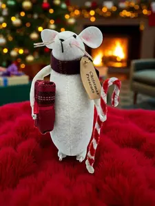 Primitive Christmas Presents Mouse Doll Shelf Sitter 6” White Fabric  candy cane Free Shipping