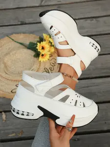 Summer Lightweight Thick Sole Sandals, Breathable Hollow Design, Magic Tape Easy Wear, Height Increasing, Comfortable for Commuting and Shopping