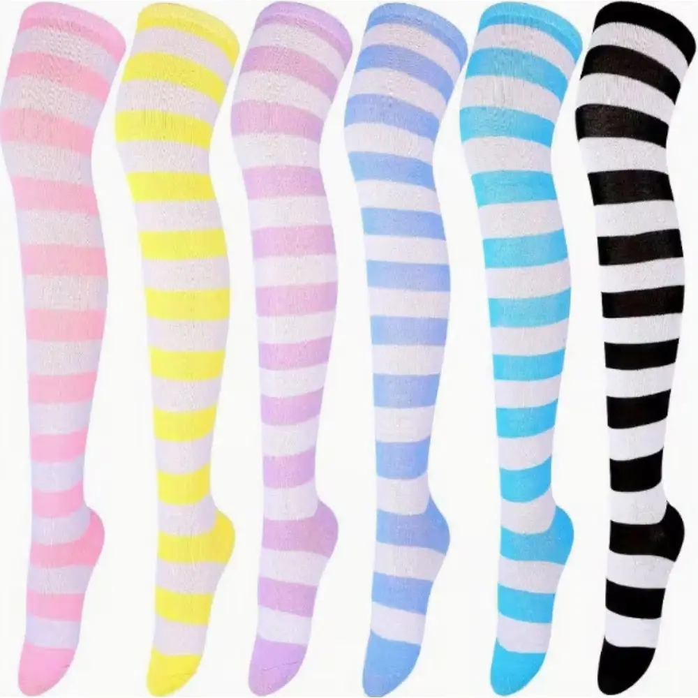 [Breathable Over-the-Knee Socks] 6 Pairs Women's Over-the-Knee Socks - Breathable Thin Design, Machine Washable, Comfortable Overknee, White Striped Pastel & Vibrant Colors for Daily Wear, Role Play & Short Skirt Outfits