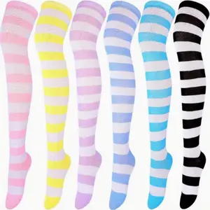 [Breathable Over-the-Knee Socks] 6 Pairs Women's Over-the-Knee Socks - Breathable Thin Design, Machine Washable, Comfortable Overknee, White Striped Pastel & Vibrant Colors for Daily Wear, Role Play & Short Skirt Outfits