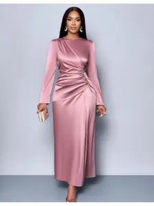 Women's Vlothing Women's Elegant Chic Plain Satin Dress, Round Neck Long Sleeve Bodycon High Waist Maxi Gown, Fall Fashion  Evening Wear, Elegant Formal Dress