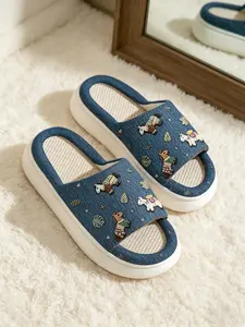 Vintage Forest Style Embroidered Slippers, Waffle Linen Texture, Adjustable Velcro, Unisex Casual Footwear, Nonwoven Fabric, PVC Sole