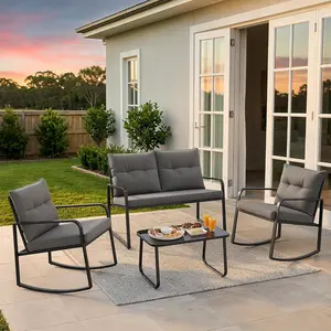 Gizoon 4 Piece Outdoor Rocking Patio Set, Black Steel Outdoor Conversation Sets with Loveseat, Rocking Bistro Set for Backyard, Poolside, Porch, Grey