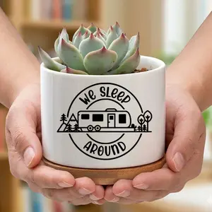 "Funny 'We Sleep Around' RV Camper Ceramic Succulent Planter with Bamboo Tray - Humorous White Mini Decorative Pot, Decorative Pottery Vases for Travel Lovers, RV Decor"