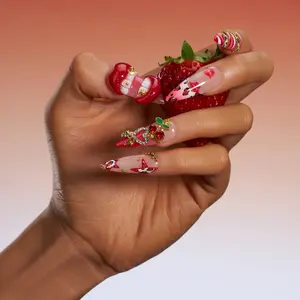 Y2K Leopard Print French Tip Almond Nails, 3D Red Lips Art, Cherry/Heart Charms, Airbrush Ombré , Long Lasting, Salon Quality, Reusable
