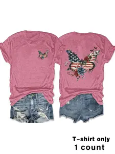 Women's Patriotic Butterfly Print Casual Top, Short Sleeve Round Neck, Medium Stretch, All-Season Comfort