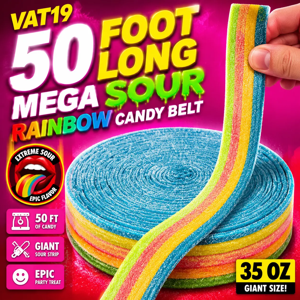 VAT19 50 Foot Long Mega Sour Rainbow Candy Belt 35 oz Giant Sour Candy Strip