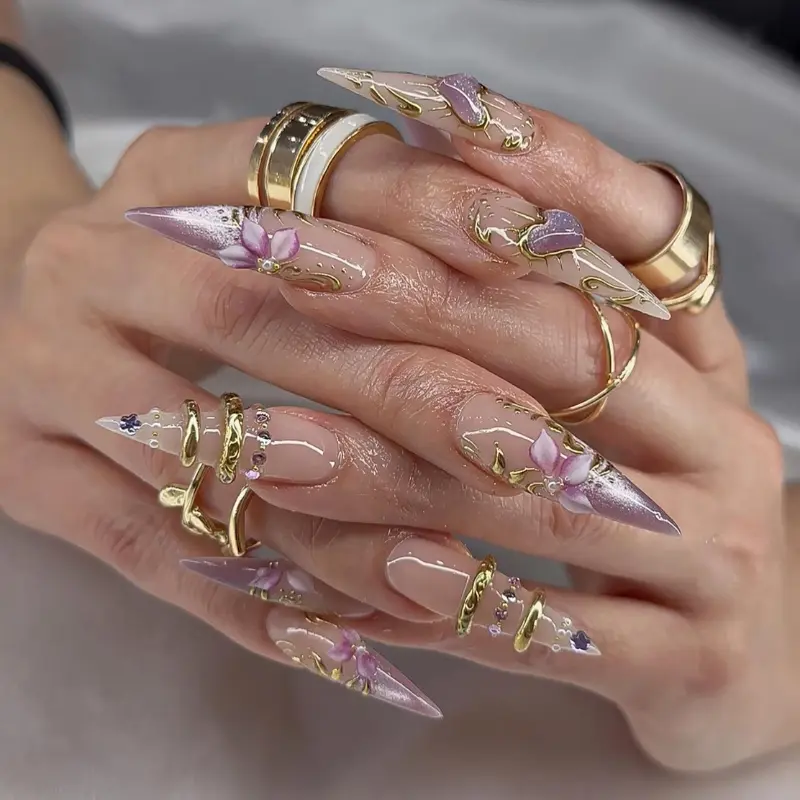 Luxury Lavender Floral Press On Nails Gift | Long Stiletto Gold Chrome 3D Flower Handmade Reusable Nail Box Set For Women