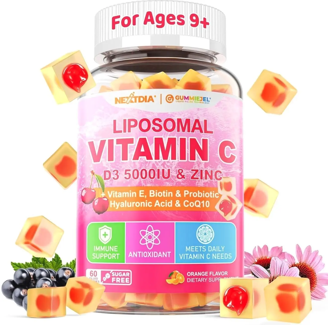 Liposomal Vitamin C 1000mg + D3 5000IU + Zinc Filled Gummies, Folate 800mcg Chewable Supplement, Elderberry for Immune, Hyaluronic Acid, VE, for Beauty, Energy & Overall Health, Sugar Free