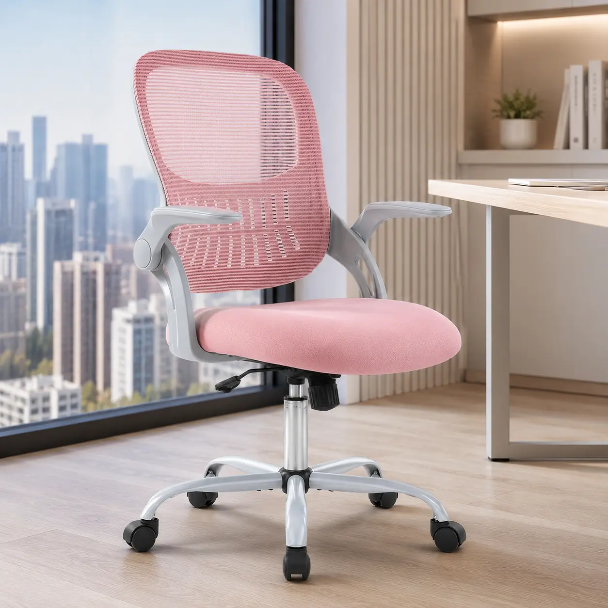 Pink Ergonomic Office Chair, Mid-Back Mesh Computer Gaming Desk Chair with Wheels, Swivel Task Chair for Home Office Bedroom Study, Adjustable Lumbar Support, Comfy Retractable Arms, 400LBS Capacity for Adults Students
