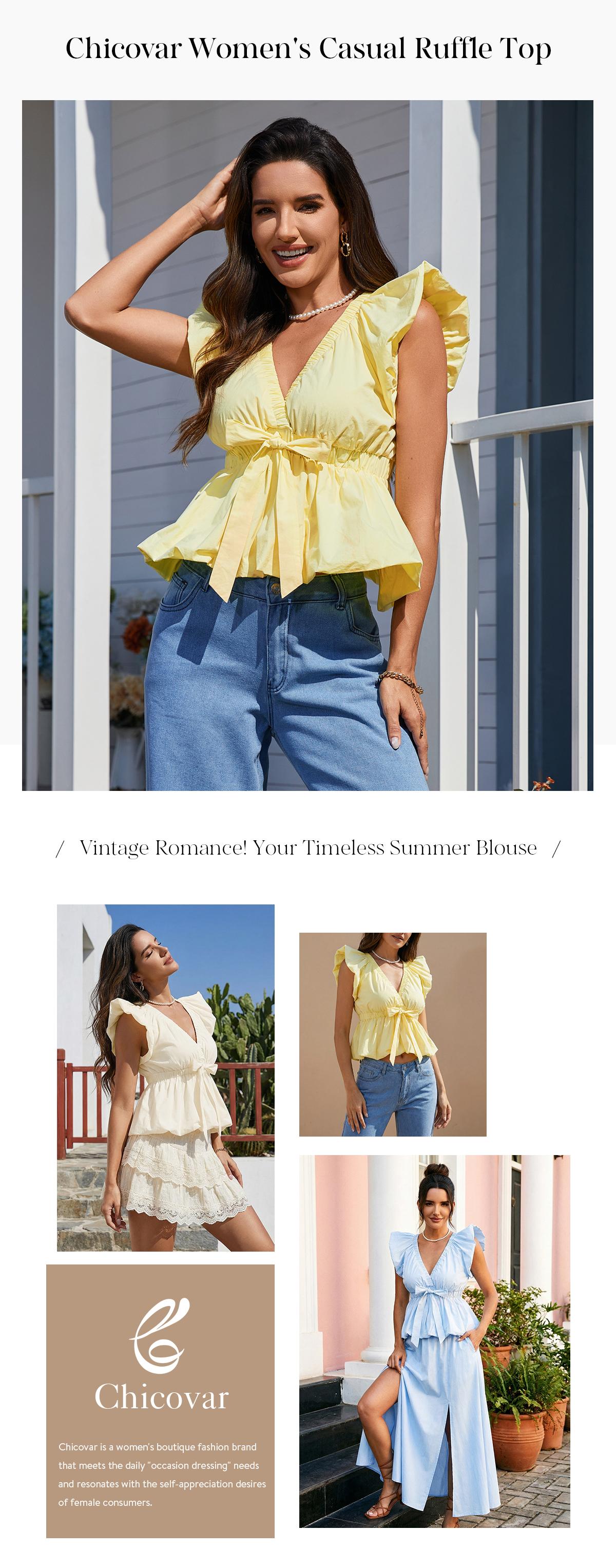 Chicovar Women’s Summer Deep V Neck Puff Sleeve Blouse – Elastic Trim Bow Front Peplum Top, Bubble Hem A-Line, Slim Fit X-Shaped Waist Cute Casual Shirt for Work, Date, Vacation & Daily Wear