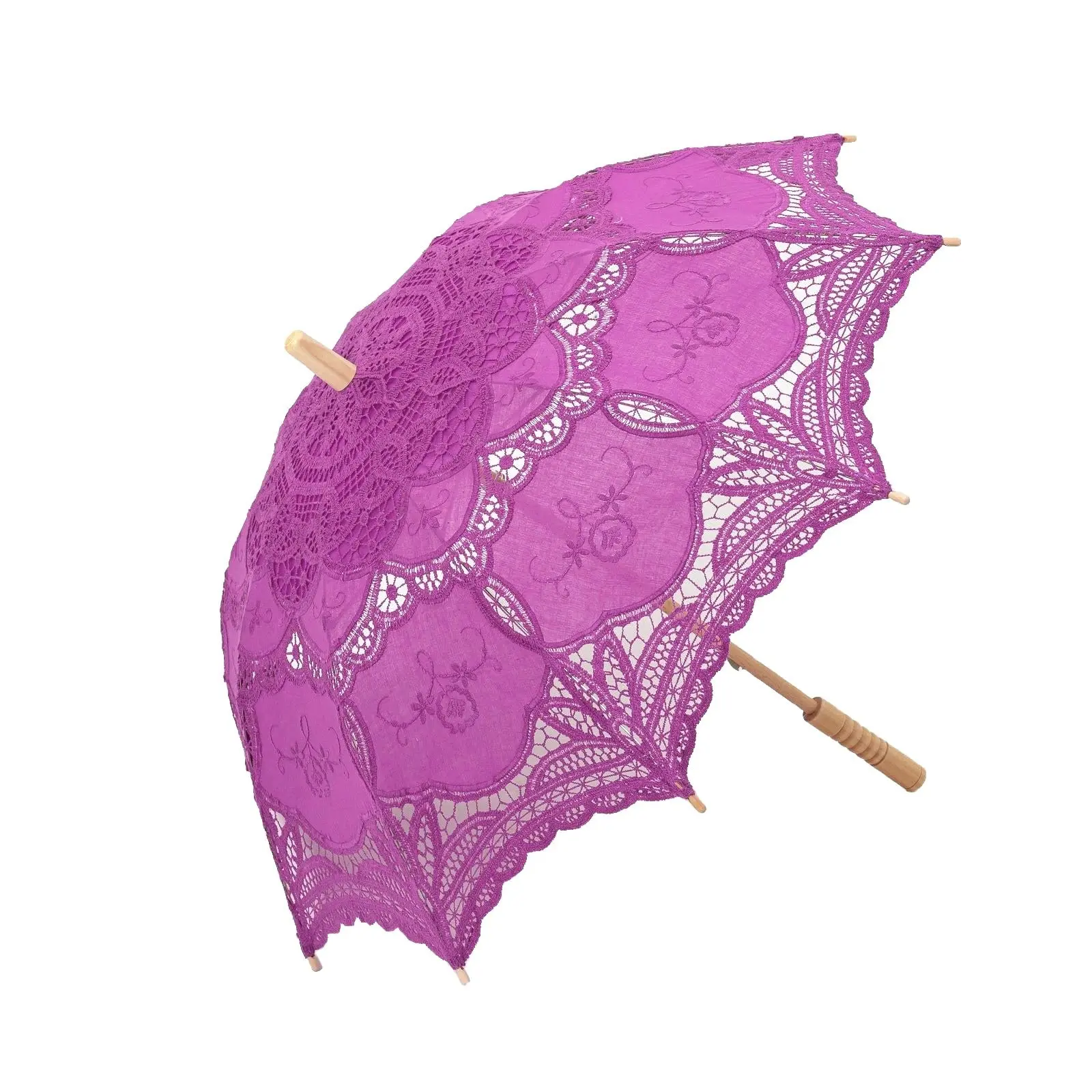 THY COLLECTIBLES Handmade Cotton Lace Parasol Umbrella - 26-in Long Wooden Handle, Embroidered Vintage Look, Metal Ribs, 31-in Diameter Lightweight Sunshade, Halloween Prop for Wedding Bridal Photoshoot Use