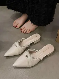 Women's Elegant Pearl Decorated Mule Sandals, Trendy Minimalist Heeled Sandals, Chic All-match Shoes for Party & Daily Wear, Girl, Bridal Sandals