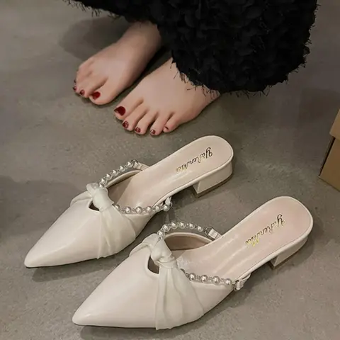 Women's Elegant Pearl Decorated Mules Sandals, Trendy Minimalist Heeled Sandals, Classy Sandals, Chic All-match Shoes for Party & Daily Wear, Girl, Bridal Sandals, Elegant Footwear