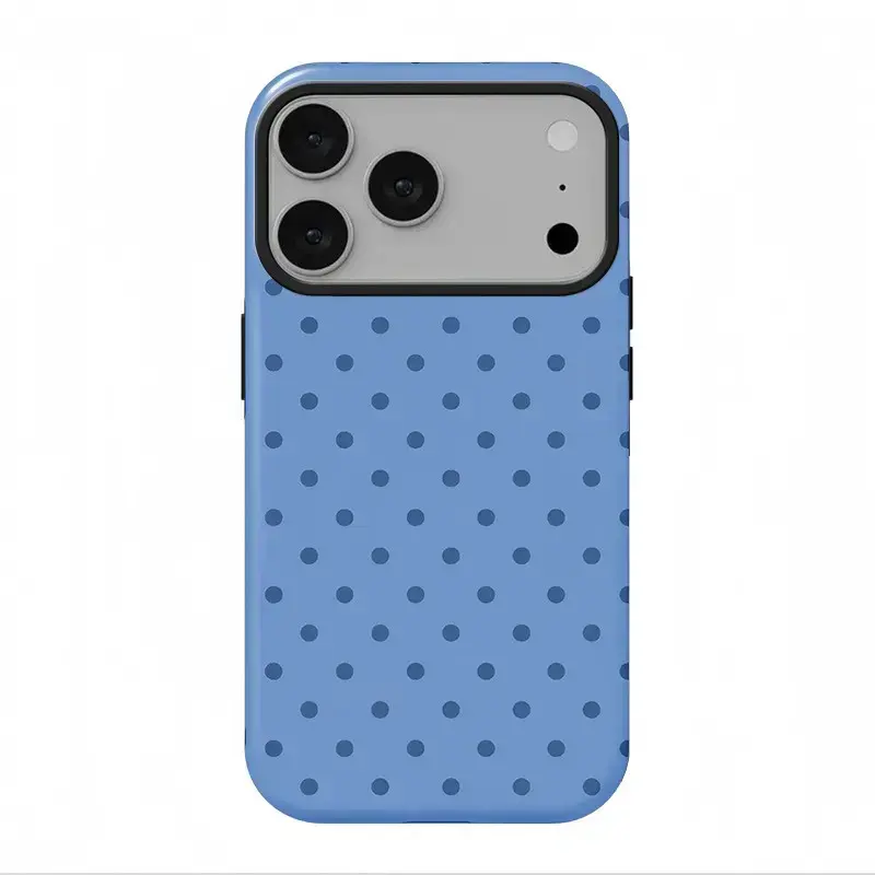 Blue polka dots pattern phone case featuring a stylish, dual-layer shock-absorbing TPU design; compatible with iPhone 11 through 17 series (Pro Max and Pro Plus models) and the Samsung S25 Ultra