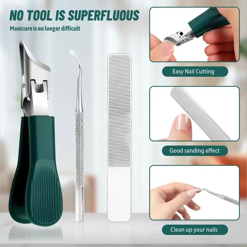 Hawkbill Angled Clipper Set with Storage Box - Heavy-Duty Stainless Steel Ingrown Toenail Tools, Compact File, Cleaner, Polish - Smooth Professional Manicure Pedicure Kit for Thick Hard Nails, Ideal Gift, Daily