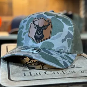 Marsh Camo / Loden White tail Leatherette Patch Hat 112 - Camo Two-Tone Cap with a White tail buck Patch