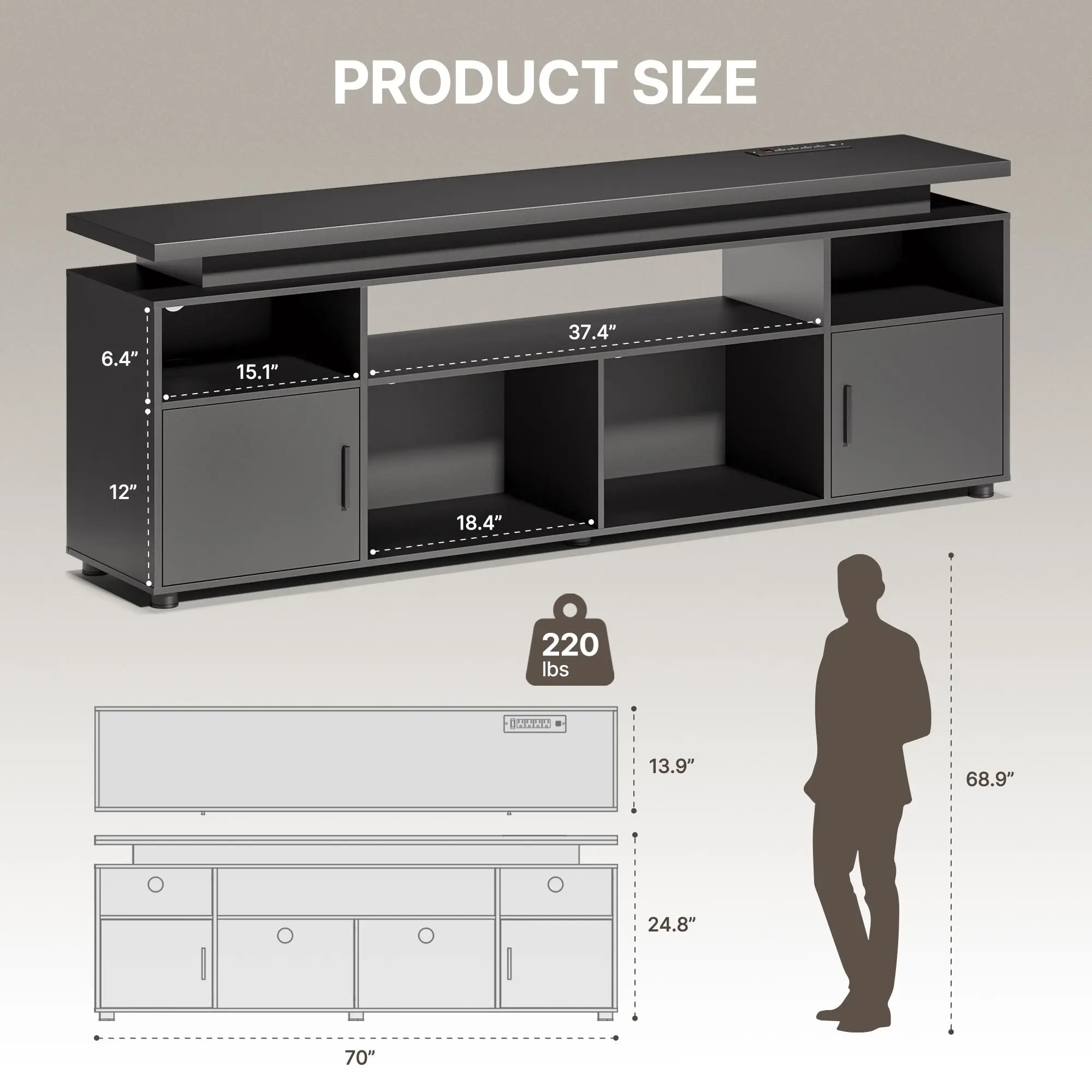 70" Black TV Stand with LED Lights