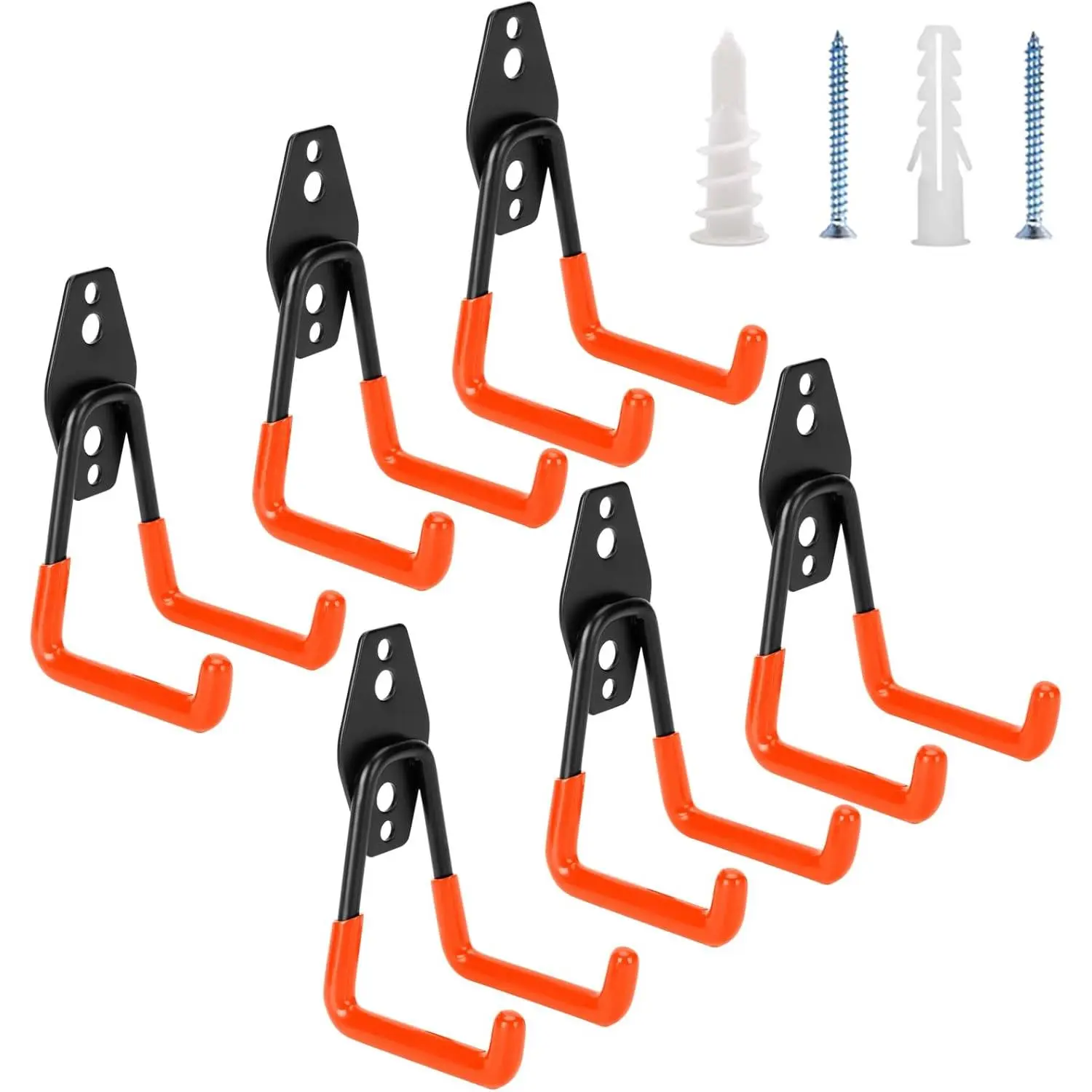 6 Pack Garage Hooks Heavy Duty - Supports 100 lbs, Utility Steel Garage Hanger & Organizer for Organizing Garden Lawn Tools, Ladders, Garden Hose, Digging Shovel, Bikes, Ropes (Orange)