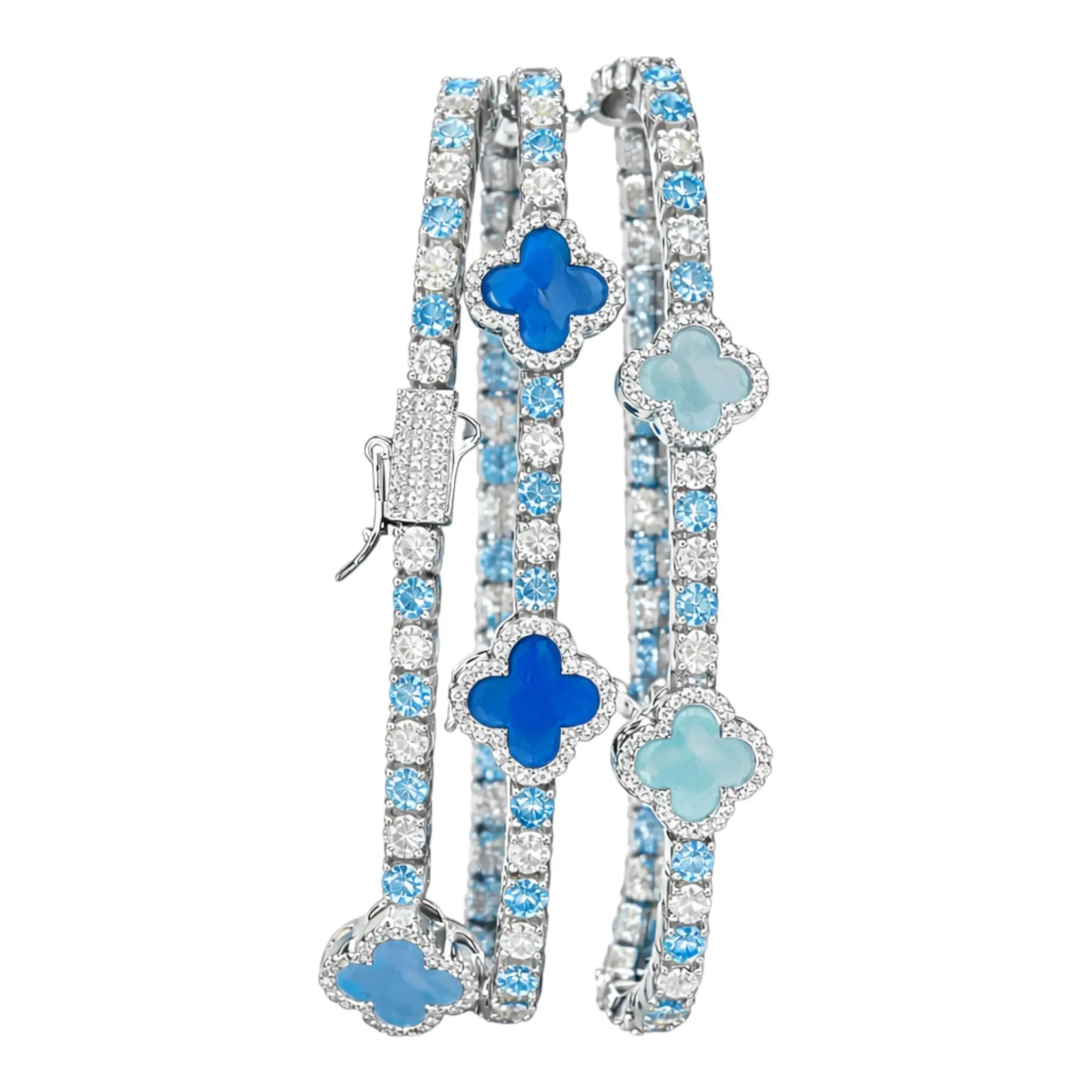 Aura Zen Yemaya Asesu Clover Moissanite Tennis Bracelet 3mm Blue & White Stones – 925 Sterling Silver 4 Leaf Clover Yoruba Santeria Spiritual Jewelry Pulsera Trebol Azul, Adults