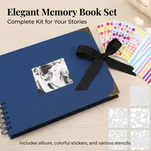 Spiral-Bound DIY Scrapbook Kit, Hardcover Photo Album with Ribbon Closure, Complete Set with Stickers & Stencils, Personalized Memory Journal for Weddings, Travel, Birthdays and Anniversaries