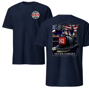 FDNY Never Forget 343 Firefighter Helmet Graphic T-Shirt, 9/11 Tribute Tee, Soft Cotton Blend Shirt, American Flag Memorial Shirt for Firefighters