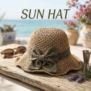 Women Retro Straw Beach  – Foldable Wide Brim Sun  with Bow, Breathable Woven Summer  for Travel, Vacation and Outdoor hat