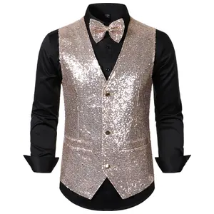 ZEROYAA Men's Sequin Vest Slim Fit 70s Shiny Waistcoat Bowtie Set Disco Prom Party Tuxedo
