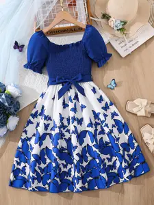 Girls Square Neck Bubble Short Sleeve Butterfly Print Dress, Fashionable Comfortable Cool, Adjustable Waistband, Summer Casual Wear