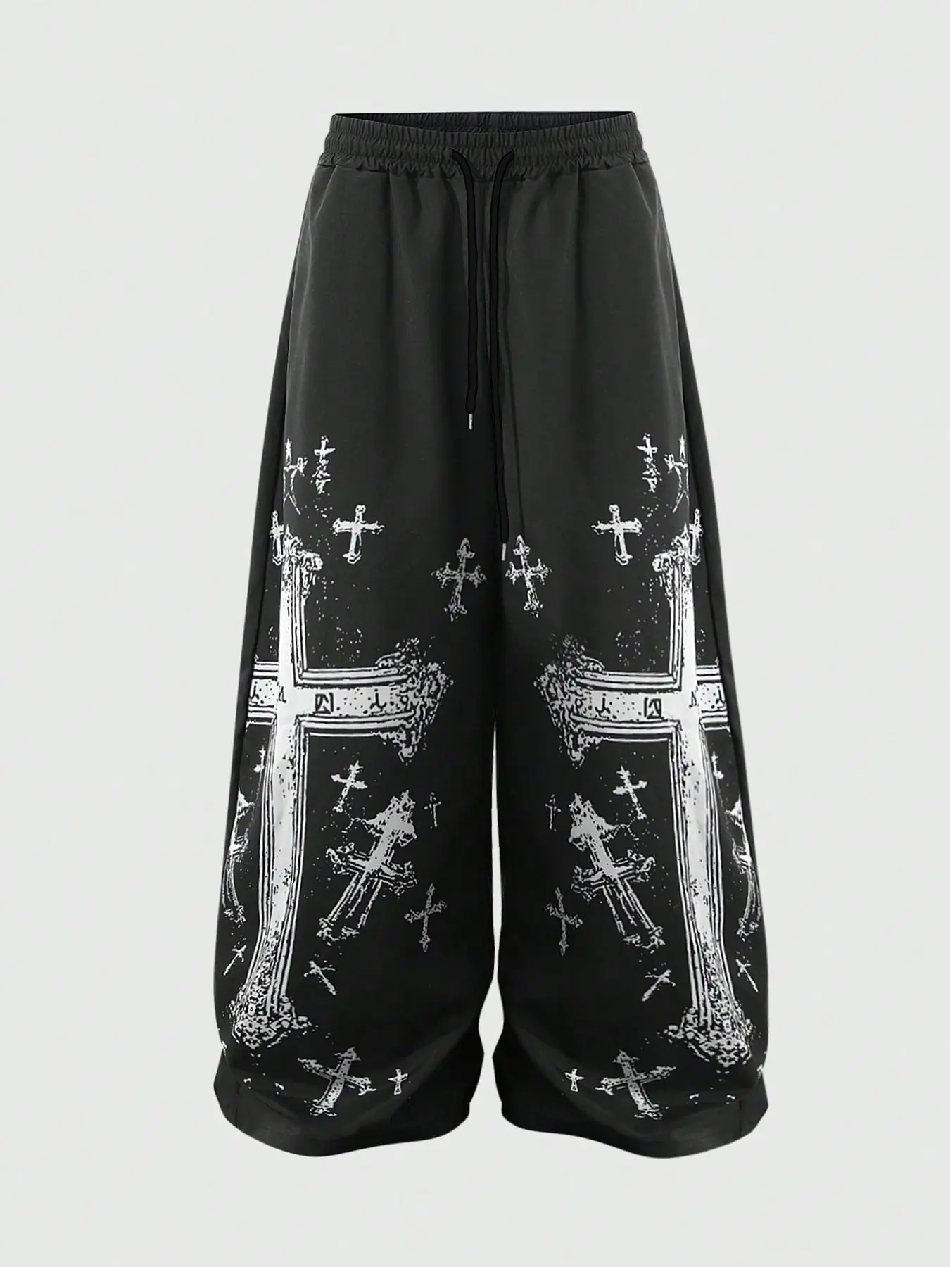 Men's Y2K Gothic Graphic Cross Print Wide Leg Pants, Streetwear Rock Style, Drawstring Waist, Loose Fit, Casual All Season Trousers, Casual Loose Fitted