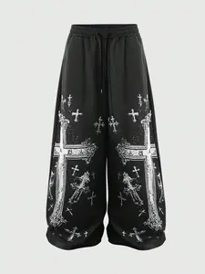 Men's Y2K Gothic Cross Print Wide Leg Pants, Streetwear Rock Style, Drawstring Waist, Loose Fit, Casual All Season Trousers