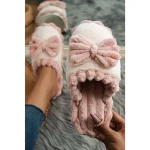 Fushia Bow Decor Color Block Ribbed Plush Slippers