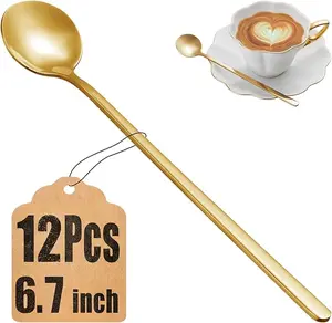 12 Piece Stainless Steel Coffee Spoon Set 6.7 Inch Gold Long Handle Teaspoons for Coffee Latte Tea Desserts & Drinks Elegant & Durable