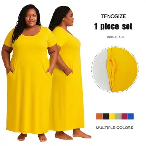 Women's Plus-Size Basic Yellow Short-Sleeve Pocketed Maxi Dress, Round Neck, Polyester Blend, Breathable, Simple Cut, Ideal for Casual Wear, Summer Outings, Plus Size Clothes, Maxi Dress for Women
