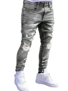 Men's Ripped Gray Jeans Fashion Plain Casual Trousers Comfortable Vintage Washed Stretch Denim Pants Streetwear Menswear
