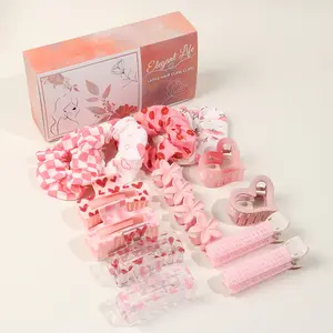 16PCS Pink Aesthetic Ladies Hair Bundle In Gift Box: 10 Heart/Flower Hair Clips + 4 Scrunchies + 2 Hair Rollers | Cute Design For Daily/Dates/Curl Styling | Elegant Gift Box  #PinkHairAccessories #LadiesHairEssentials #CuteHairStylingKit GirlishHairSet