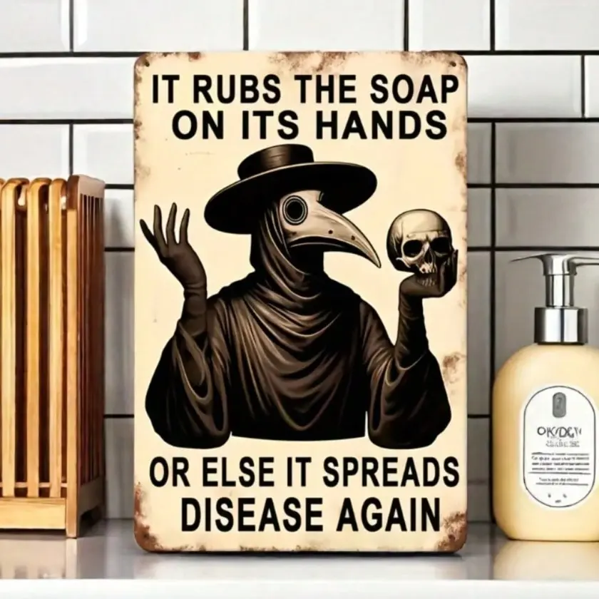 Gothic Plague Doctor Aluminum Vintage Wall Art Sign with Hand Washing Reminder, Halloween Spooky Home Decor Bathroom Signs Decor for Bathroom Living Room and Office Display