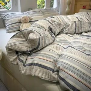 Boys' Room Bedding Set, Plaid Striped Simple Style, Includes 1 Duvet Cover +2 Pillowcases, Soft Skin-Friendly Fabric, Breathable & All-Season Use, Bedroom Bedding Set