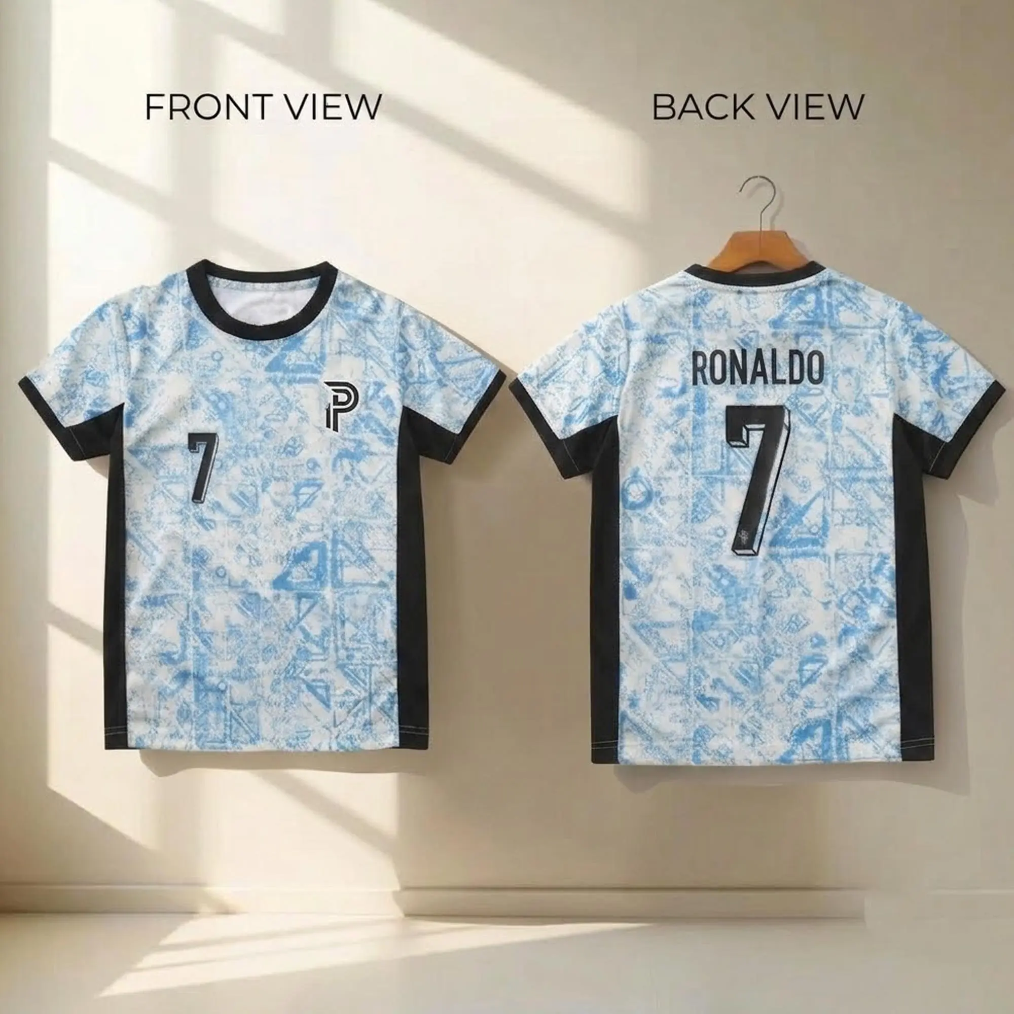 Ronaldo #7 Portugal Away Adult Soccer Jersey : Blue Abstract Design, Youth & Adult Sizes