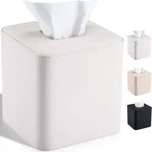 Square Tissue Box Cover Leather Kleenexs Box Cover, Cute Tissue Cover for for Cube Box Tissues, Tissue Box Holder for Bedroom, Living Room, Bathroom, White