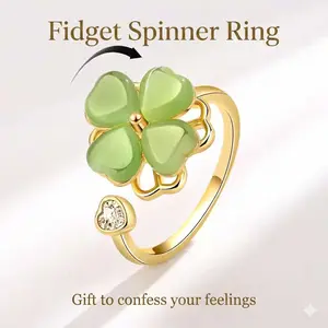 Spinning Four-Leaf Clover Ring for Women – Adjustable Green Cat Eye Lucky Fidget Ring, Aesthetic Spinner Jewelry Gift for Her prom ring