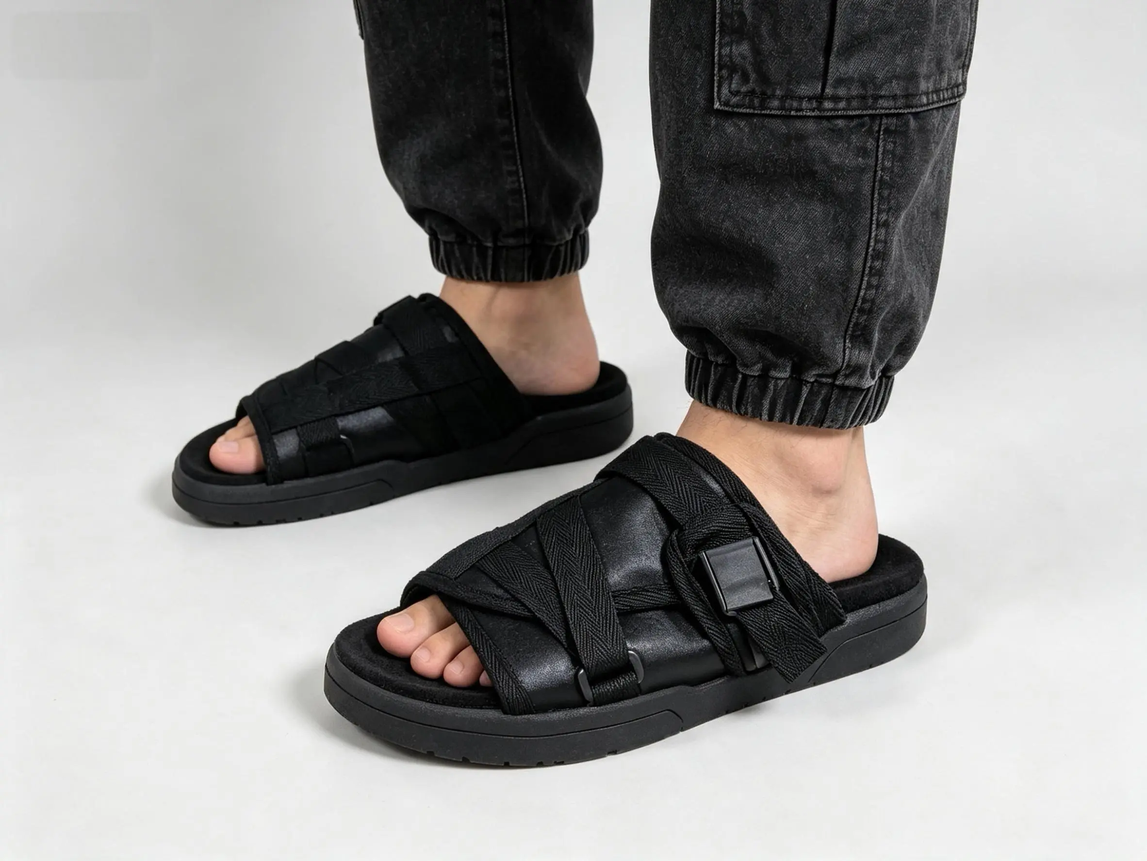 Unisex Adjustable Strap Mesh Slide Sandals Men Women Streetwear Slip On Comfort Platform Slides Outdoor Beach Casual Slippers Black