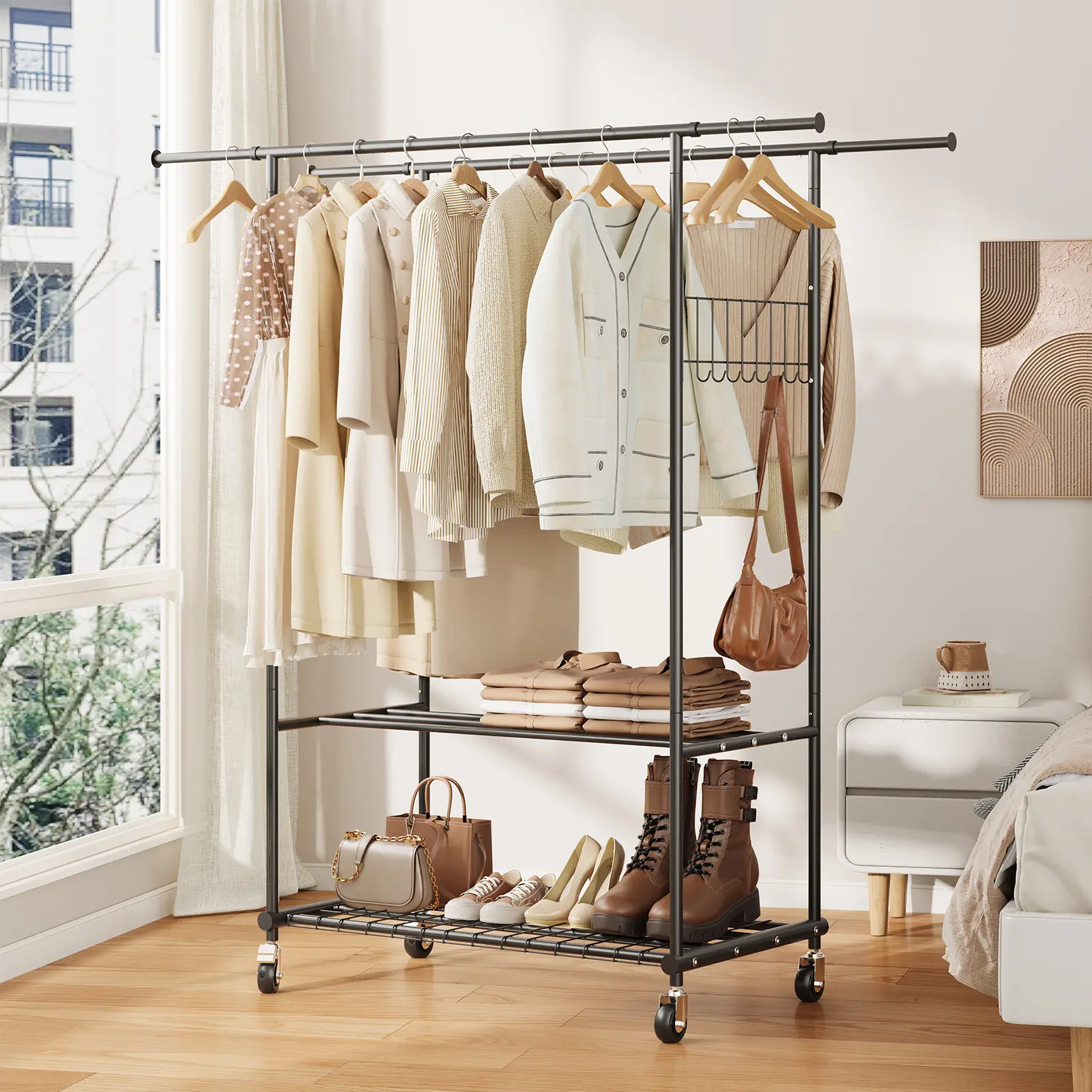 Garvee Heavy Duty Rolling Clothes Rack, Double Rod Adjustable Garment Rack with Shelf, Extendable Hanging Bar, Large Casters, Max Load 249 kg (550 lb), Black