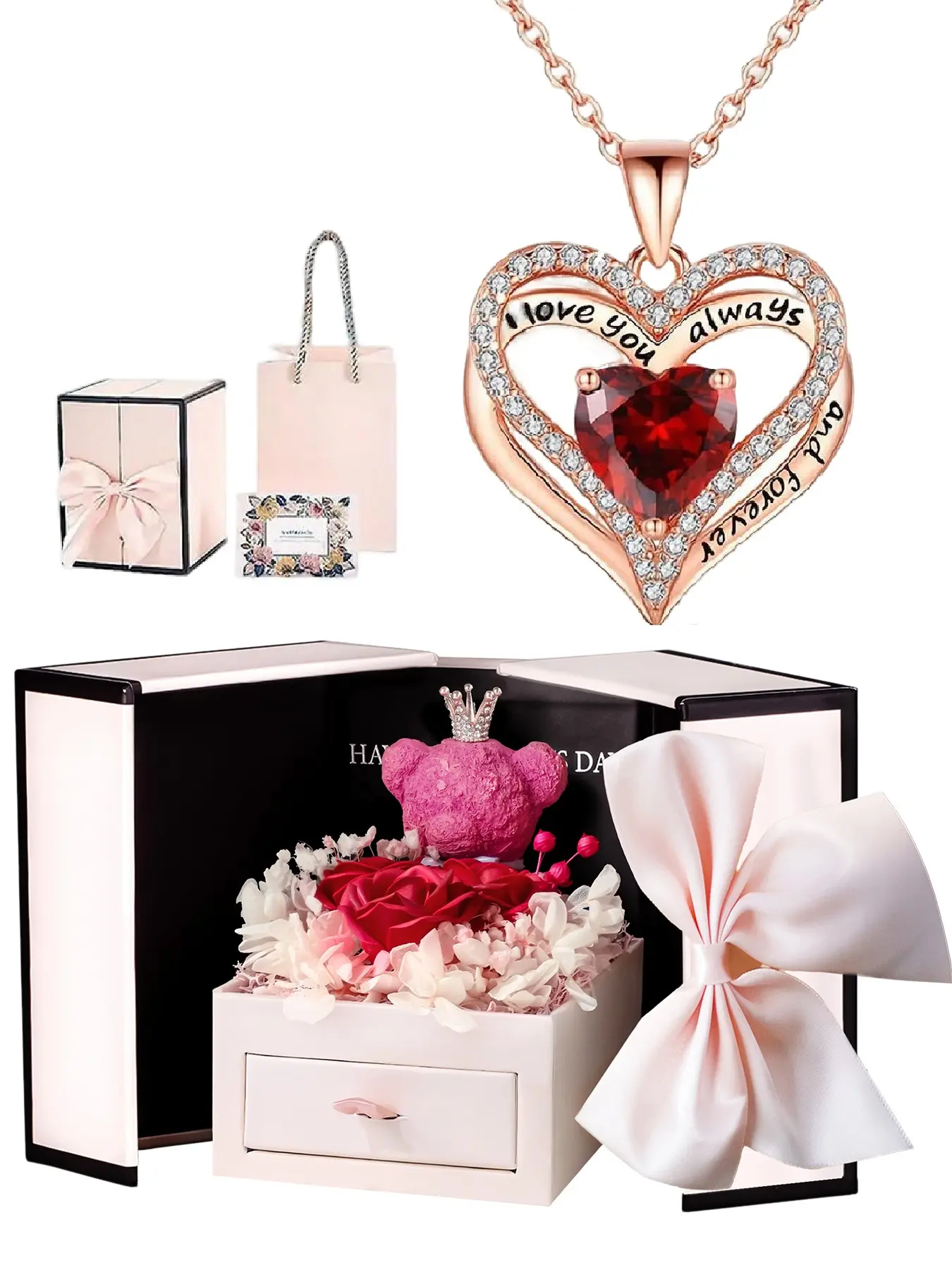 Elegant Rose Bear Gift Box with Heart Pendant Necklace, Love Heart Necklace, Mother's Day Gift, Christmas Valentine's Day Jewelry, Women's Necklace Set
