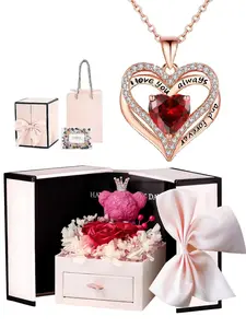 Elegant Rose Bear Gift Box with Heart Pendant Necklace, Mother's Day Gift, Christmas Valentine's Day Jewelry, Women's Necklace Set
