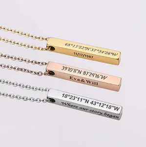 Custom Words Icons Bar Necklace Stainless Steel for Men Women Personalized Jewelry Gift in Gold Silver Rose Gold Black Hypoallergenic Mirror Polished